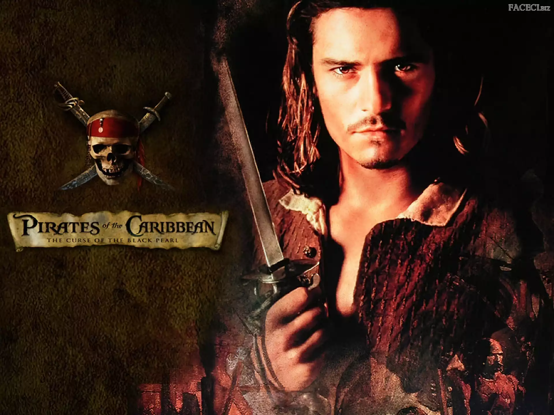 czaszka, Orlando Bloom, szabla, Piraci Z Karaibów